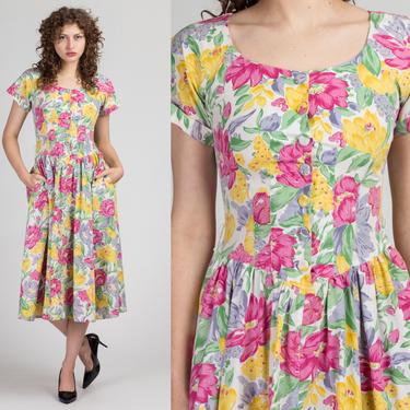 90s Boho Floral Midi Dress - Small | Vintage Full Skirt Button Up Pocket Sundress 