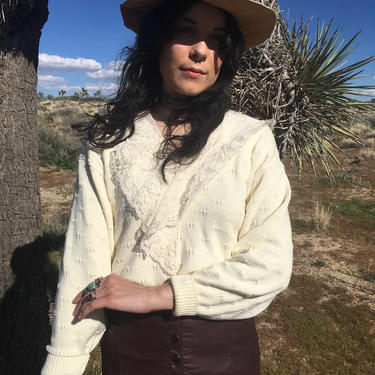 Vintage 70s 80s Romantic Lace Collar Sweater Cotton Knit White Cream Boho Bohemian Alexandra Bartlett Prairie Folk by InAFeverDream