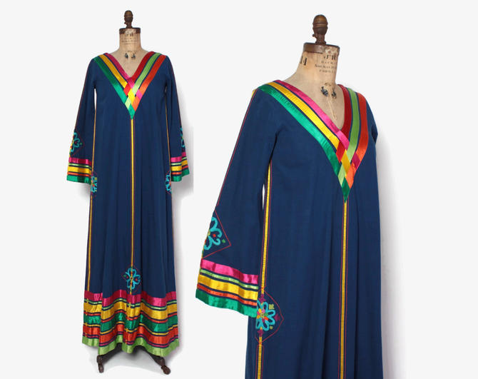 Vintage 60s Josefa Caftan Dress / 1960s Rainbow Ribbon