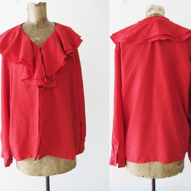 Vintage 90s Blouse S M - Red Silk Shirt - Silk Ruffle Top - Long Sleeve Ruffle Blouse - 90s Clothing - Pirate Shirt - Ruffle Collar Top 