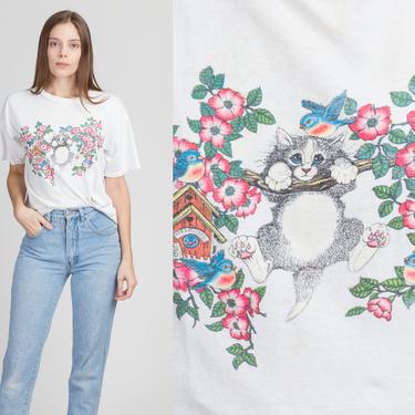 Vintage &quot;No Cats Allowed&quot; Birdhouse T Shirt - Women's Large | 90s Cute Distressed Graphic Flower Tee 