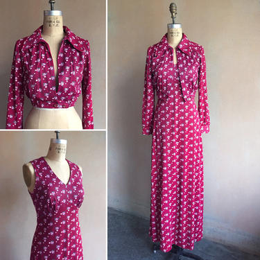 Vintage 70s Cranberry Red Floral Print Long Dress w/ Matching Jacket 