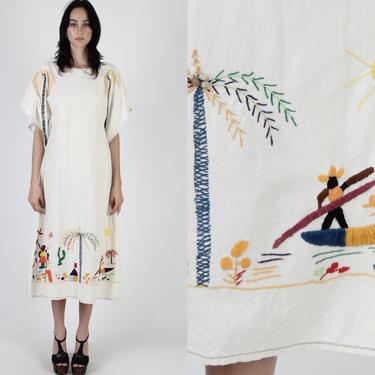 Cotton Embroidered Village Scene Maxi Dress / Vintage Mexican Kimono Angel Bell Sleeves / Ethnic Sun Vacation Cover Up Caftan Beach Dress 