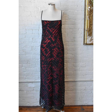 1990’s | Vivienne Tam | Vintage Black and Red Floral Dress with Sheer Mesh Overlay 