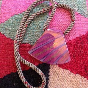 Vintage 70s 80s Abstract Hand Painted Ceramic Pendant Necklace Rope Cord Statement Costume Jewelry Pastel Dreamy Shell Shape Pink Striped by InAFeverDream