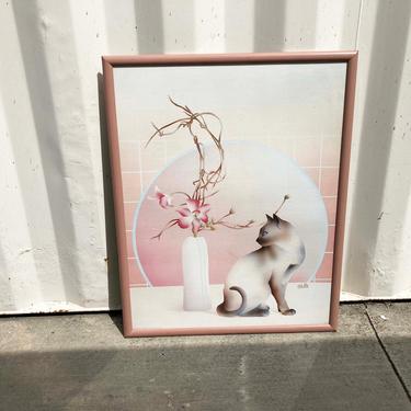 Vintage 80s Carlos Rios  Cat Flowers Framed Art 24&quot; x 30&quot;  - 1980s Pink Framed Artwork Wall Art - Ikebana Siamese Cat - Home Decor 