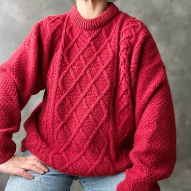 Vintage Cranberry Red Aran Irish Wool Cable knit Sweater, 48&quot; 