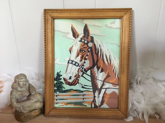 vintage paint by number painting, desert mustang horse picture in wood frame