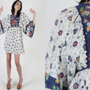 70s Ethnic Batik Floral Kimono Dress / Wide Angel Bell Sleeves / Blue Marbled Print Cotton Material / RicRac Prairie Festival Mini Dress 