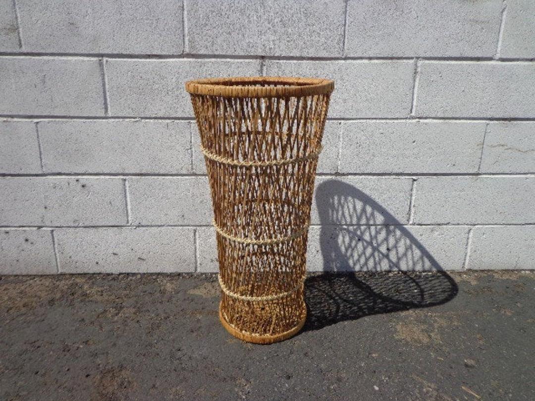 Vintage Rattan Umbrella Stand Boho Chic Peacock Hollywood Regency