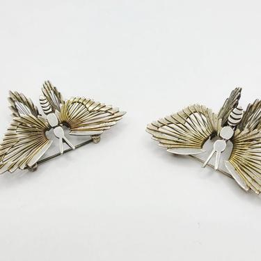 Pair of Sterling Silver Butterfly Brooches with Brass Wire Wrapped Wings 