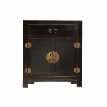 Oriental Distressed Black Lacquer Moon Face Side Table Cabinet cs7124E 