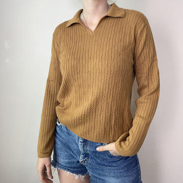 2) Vintage caramel thin knit layering collared shirt 1970s style unisex men’s small women’s medium-large 