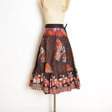 vintage 70s wrap skirt black batik print high waisted hippie boho cotton midi clothing 