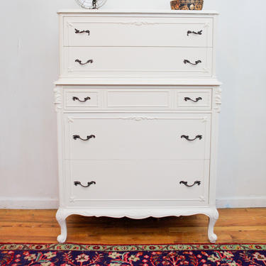 White Antique Highboy Dresser, French Provincial White Dresser, Chest of Drawers, Chic Dresser, Painted Dresser, Free NYC Delivery 