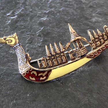 Royal Siam Enamel Vermeil Dragon Boat Brooch 