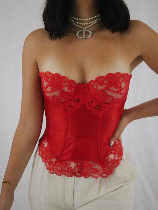 Vintage Red Lace Bustier Corset Top - 34B