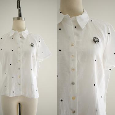 1990s White Linen Blouse with Black Embroidered Polka Dots 