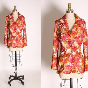 1970s Pink, Red, White and Yellow Floral Flower Power Long Sleeve Button Down Polyester Blazer Jacket by CM of California -M 