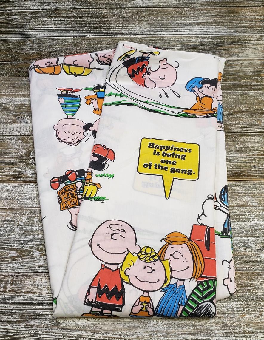 Vintage Peanuts Gang Bedsheet, 1970s Charlie Brown Snoopy FULL Flat Sheet,  Childrens Bedding, Charles Schulz