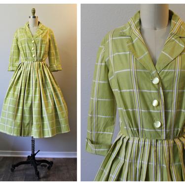 Vintage 50s celery Green White striped plaid Cotton Day Dress summer spring short sleeve vtg  // US 4 6 small 