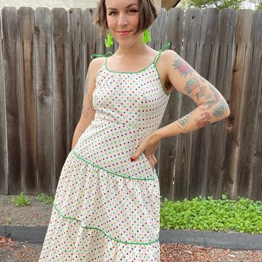Primary colored polka dot 70s white dress, tiered skirt and spaghetti straps 