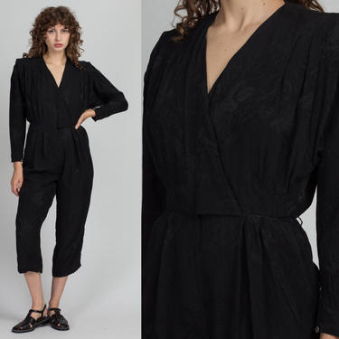80s Black Floral Silk Jumpsuit - Petite Small | Vintage Liz Claiborne V Neck Long Sleeve Wrap Pantsuit 