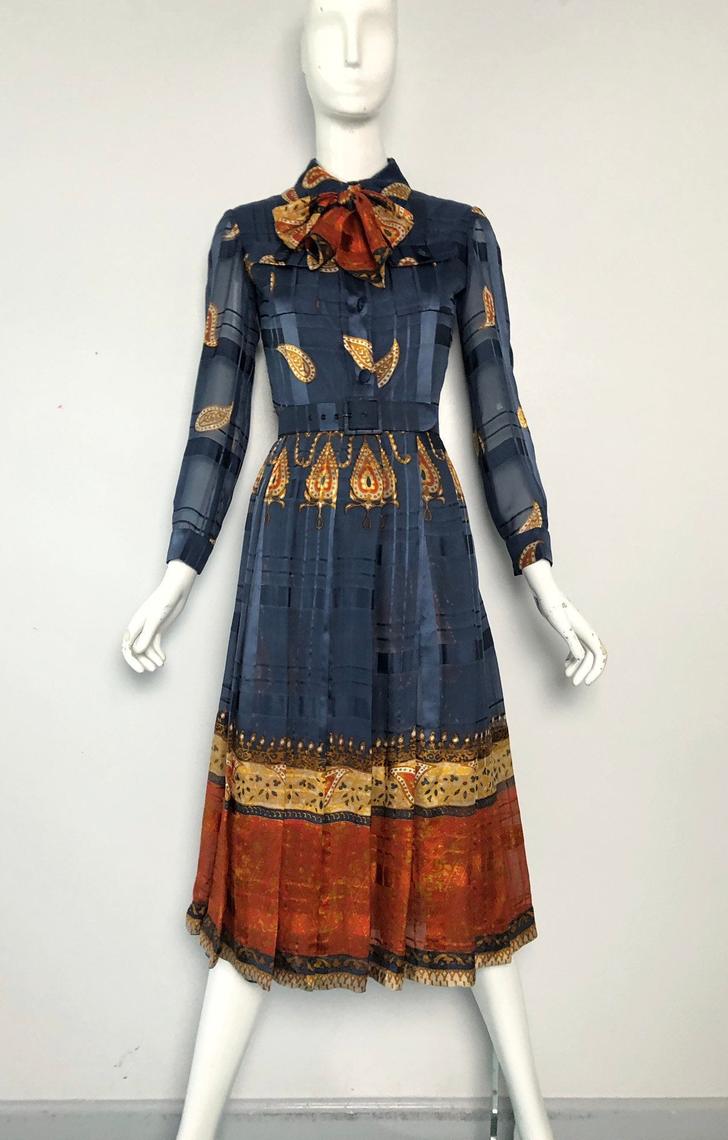 70s VALENTINO silk paisley belted designer dress with bow scarf 
