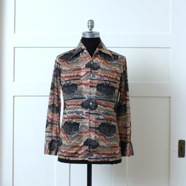 mens 1970s vintage tree shirt • long sleeve big collar disco shirt • horizon at dusk print 