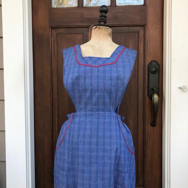 French Apron Printed Cotton, Blue Pinny, Mid Century, Pockets, Buttons, French Chore Wear 