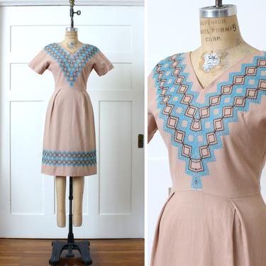 vintage 1950s tailored dress • embroidered light pink cotton short sleeve dress 