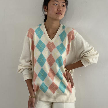 60s intarsia cashmere sweater / vintage white argyle pastel