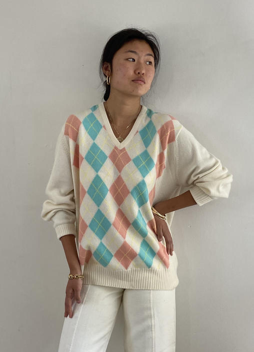 60s intarsia cashmere sweater / vintage white argyle pastel Neiman