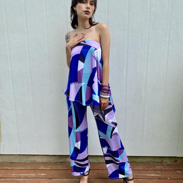 Vintage Julian Chang designer Y2K Abstract  Pucciesque print Strapless Bell bottom Asymmetrical Disco Jumpsuit XS S 