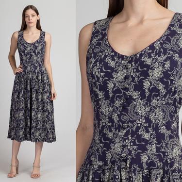 80s Scott McClintock Floral Drop Waist Midi Dress - Medium to Large | Vintage Fitted Bodice Boho Sleeveless Dress 