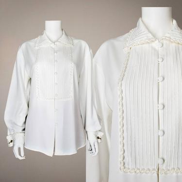 Vintage 80s White Soutache Blouse, Medium / Dressy French Cuff Blouse / Womens Long Sleeve Button Blouse / Embellished White Cocktail Blouse 