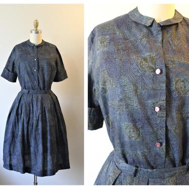 Vintage 1950s Cotton Navy Blue Batik full Skirt Top Fit Flare Rockabilly Day Dress  // Modern Size US 6 8 Small med 