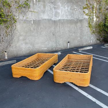 A pair of 1950s Vintage Mid Century Stacked Bamboo rattan twin beds 