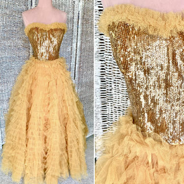 FABULOUS Vintage 50s Tulle Prom Dress, Gold Sequins Ball Gown, Strapless Sweetheart Bustier, XS 