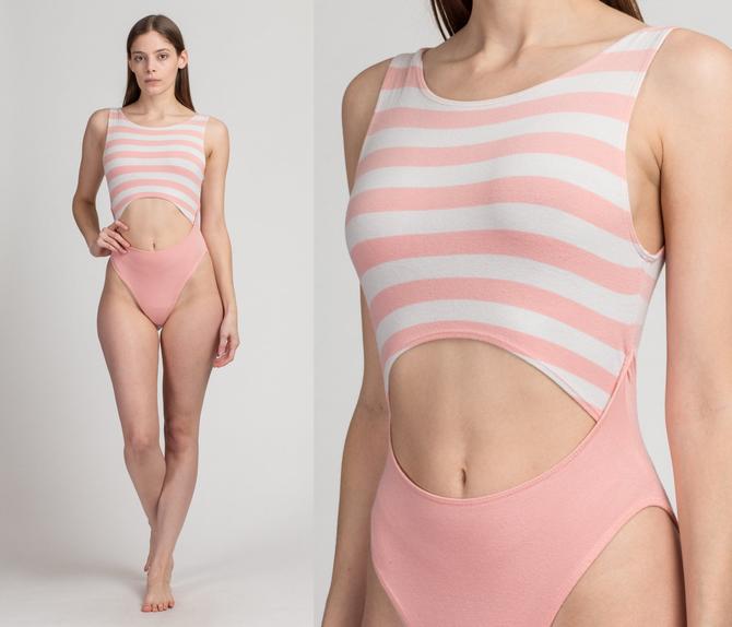 80s Pink & White Striped High Hip Bodysuit - Small, Vintage, Flying Apple  Vintage