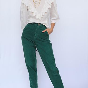 Corduroy Trousers / GreenPants / Parisian / Pleated High Waist Slacks / Vintage Pants / 1970s Disco Era Pants 