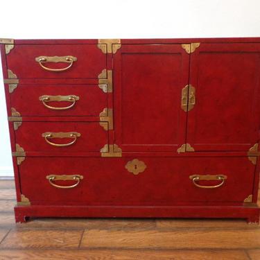 Vintage Century Furniture Asian Inspired Chinoiserie Cabinet Chest Console Brass Table Chinese Carved Wood Campaign Style Red Regency Glam 