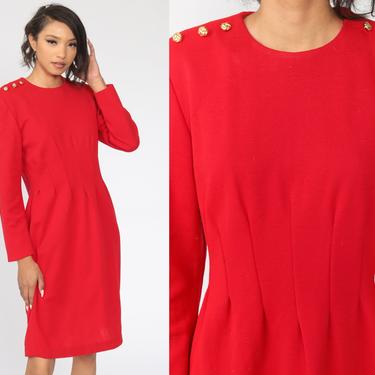 Red Sheath Dress COTTON Dress 80s Mini Dress Vintage Wiggle Pencil Secretary Long Sleeve Fitted Medium 