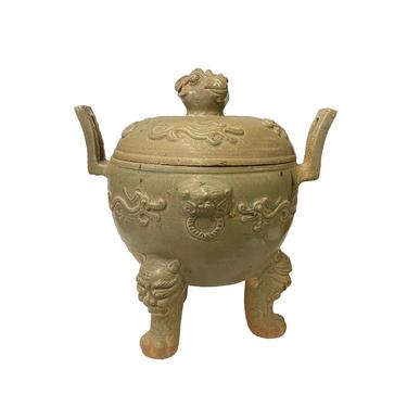Chinese Vintage Handmade Clay Pottery Dragon Ding Holder Pot cs6201E 