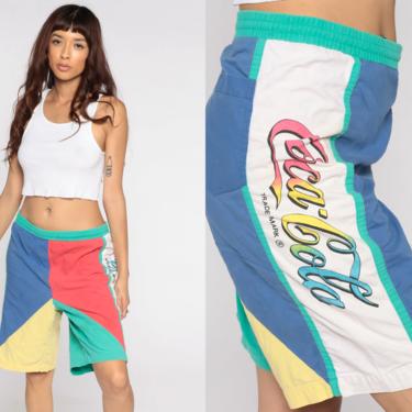 90s Coca Cola Shorts Color Block Beach Shorts Coke Shorts High Waisted Shorts White Blue Retro Summer Vacation Red Blue Large L 