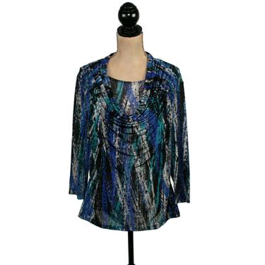 90s Y2K Polyester Knit Abstract Print Top, Drape Cowl Neck Blouse Large, 3/4 Sleeve Work Casual Clothes Women, Vintage from Susan Lawrence 