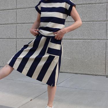 Vintage Two-Piece Dress / Striped Matching Set / 60's Cap Sleeve Top & High Waist Midi / Small 