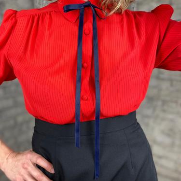 Vintage Striped Blouse with Velvet Bow 