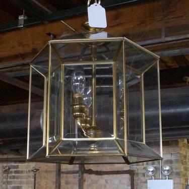 Brass 3 Light Hexagonal Hanging Light w Beveled Glass