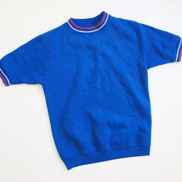 Vintags 60s Creslan Ringer Shirt S M  - 1960s Striped Mockneck Short Sleeve Sweatshirt - Solid Color - Blue 60s Shirt 